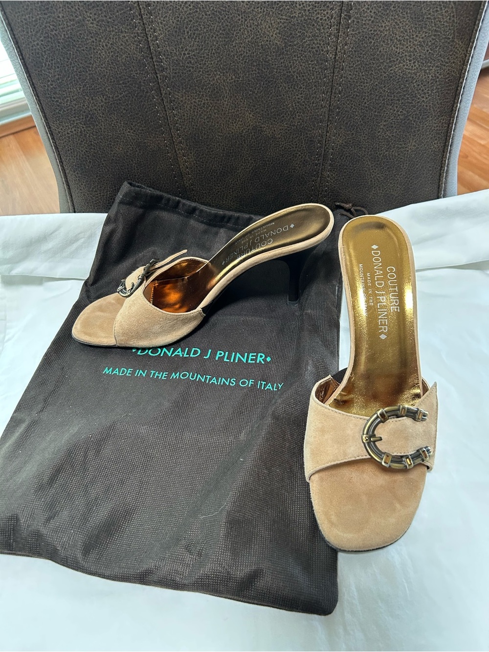 Donald J. Pliner Tan Suede Slide Heels with Gold Insoles - Picture 3 of 10